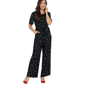 NEW VINCE CAMUTO ELBOW SLEEVE DITSY RE-SET RICH BLACK BELTED JUMPSUIT 12